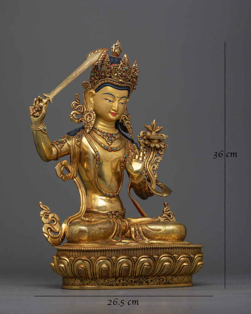 Elegant Gold Gilded Manjushri 36cm Statue | Handcrafted Symbol of Wisdom