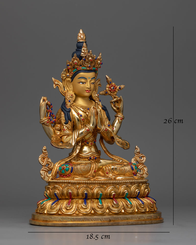 Chenrezig Adorned with Gemstone Statue | Handcrafted Symbol of Compassion and Mercy