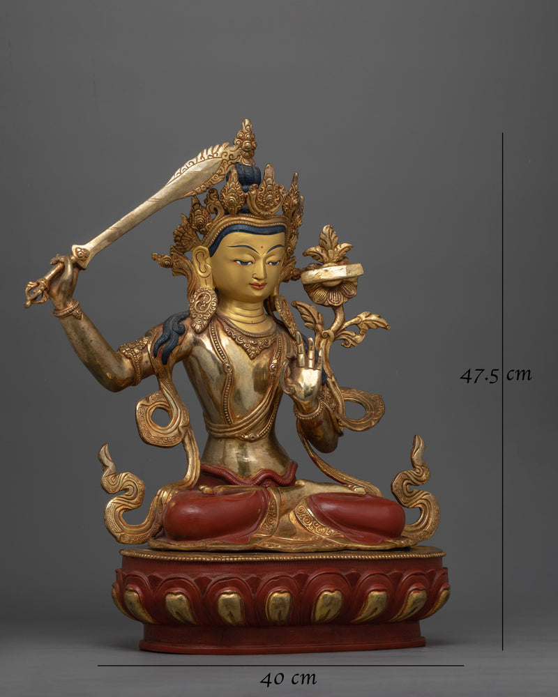 Manjushri Gold Gilded Oxidized Statue| Embodiment of Wisdom and Enlightenment