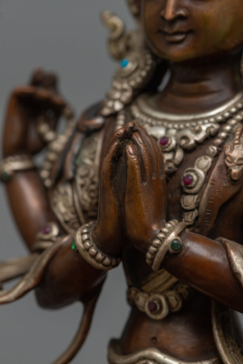 Chenrezig Silver Plated Oxidized 26cm Statue | Handcrafted Symbol of Compassion