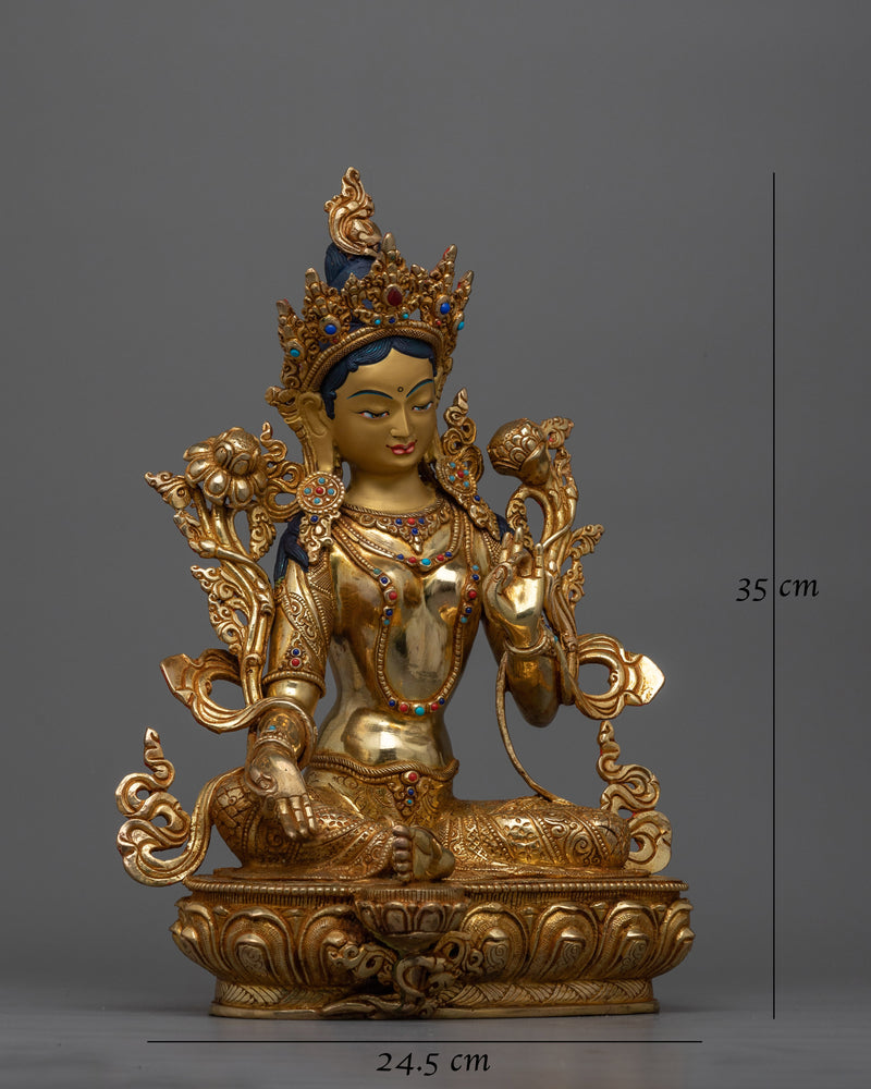 Green Tara Gold Gilded 35cm Statue | Embodiment of Compassion and Action