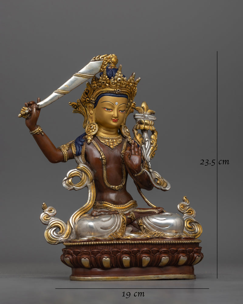 Manjushri Silver Plated Oxidized Statue | Embodiment of Wisdom