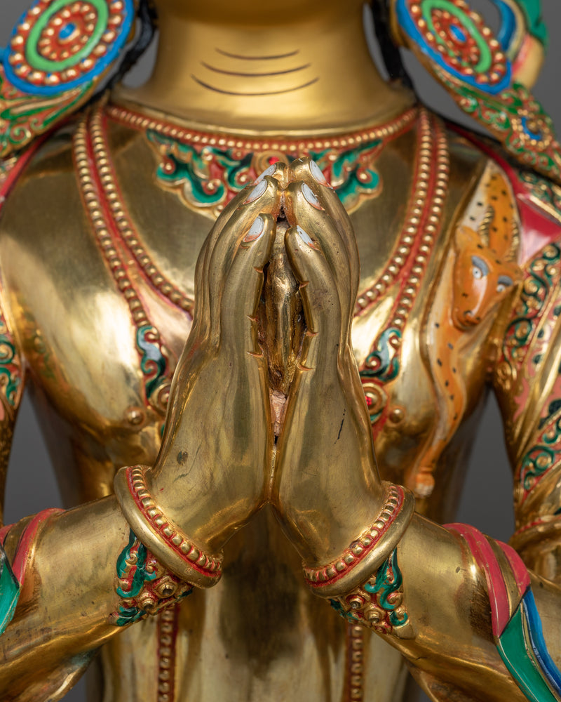 Chenrezig Colored Gold-Gilded Statue | Embodiment of Infinite Compassion