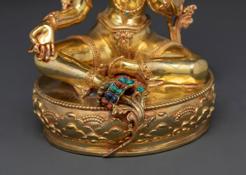 Green Tara Protective Goddess in Gold Gilded Statue | Symbol of Compassion and Protection