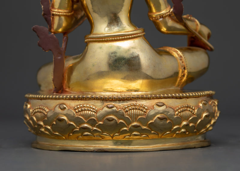 Green Tara Protective Goddess in Gold Gilded Statue | Symbol of Compassion and Protection