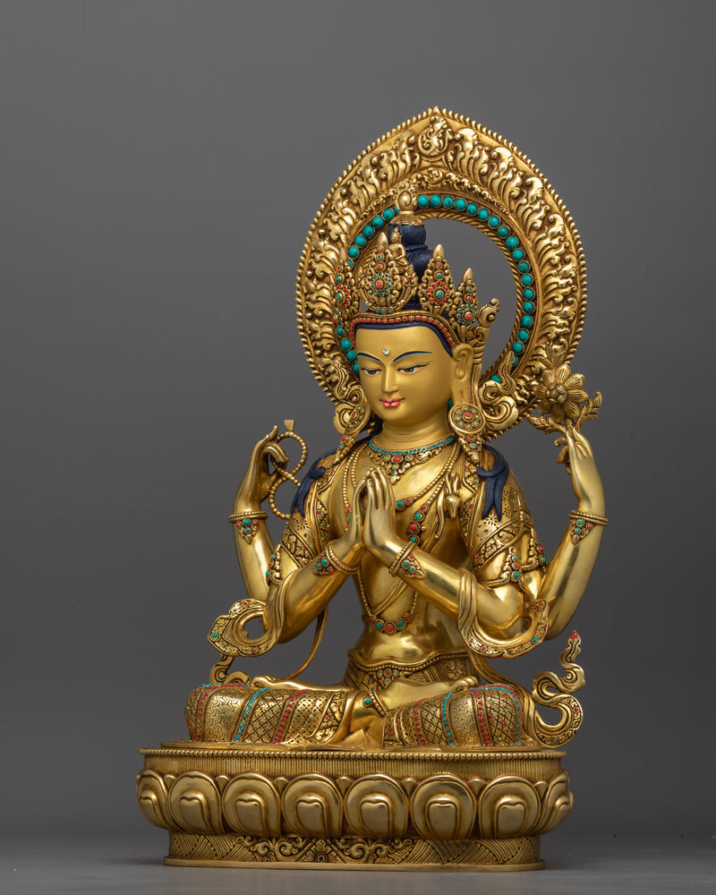 Four Armed Chenrezig Sculpture for Buddhist Shrine | Handmade in Nepal