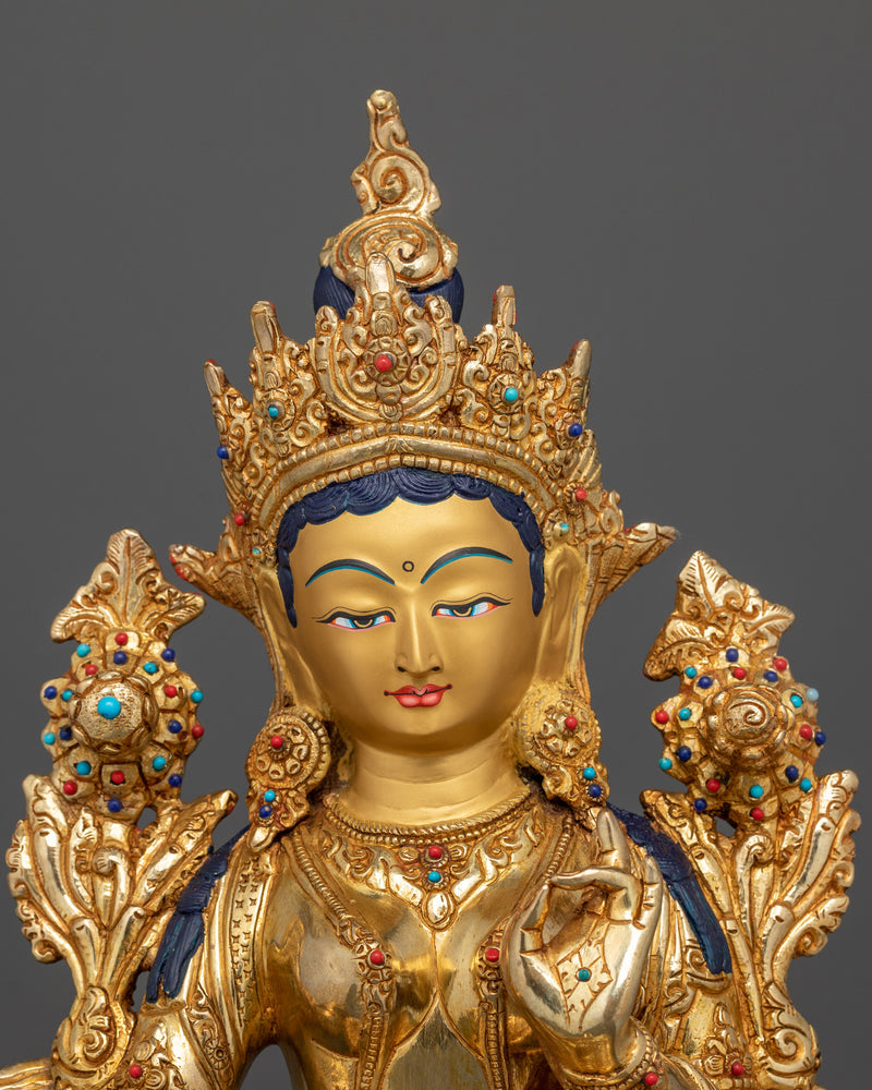 Buddha Green Tara Sculpture | 24K Gold Gilded Copper Statue