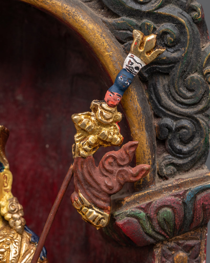 Sacred Guru Rinpoche with Throne | Handcrafted Copper and Wood Statue