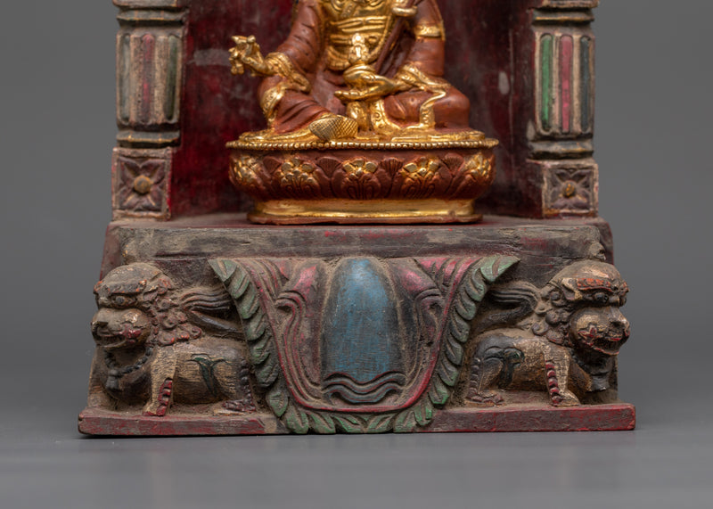 Sacred Guru Rinpoche with Throne | Handcrafted Copper and Wood Statue