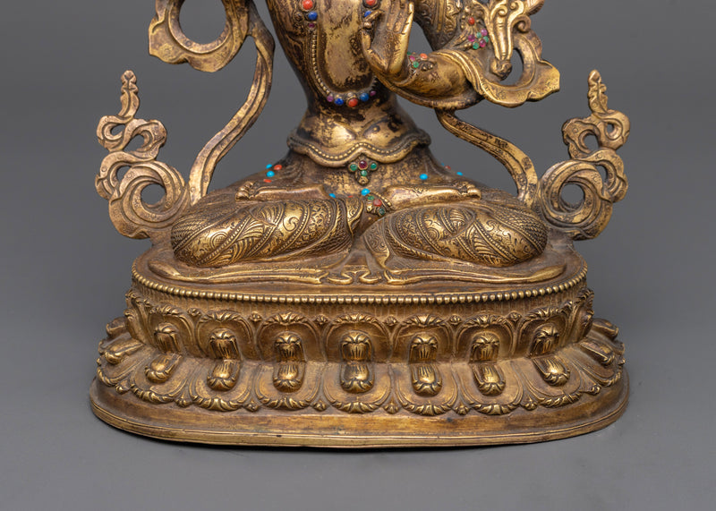 Sacred Manjushri Statue | 24K Gold Gilded Copper Sculpture with Antique Finish