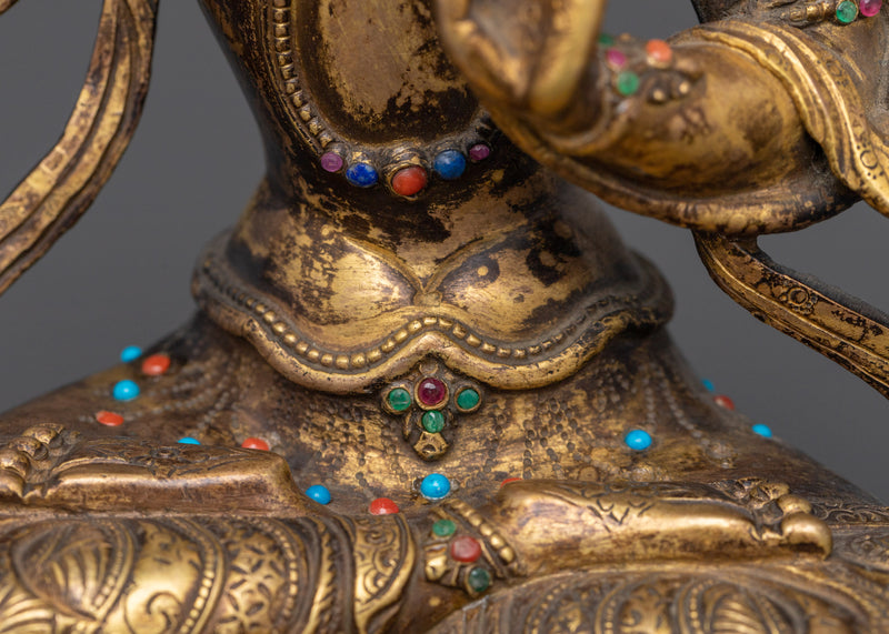 Sacred Manjushri Statue | 24K Gold Gilded Copper Sculpture with Antique Finish