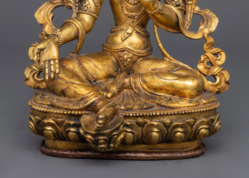 Sacred Green Tara Figurine | Antique Finished 24K Gold Gilded Copper Statue