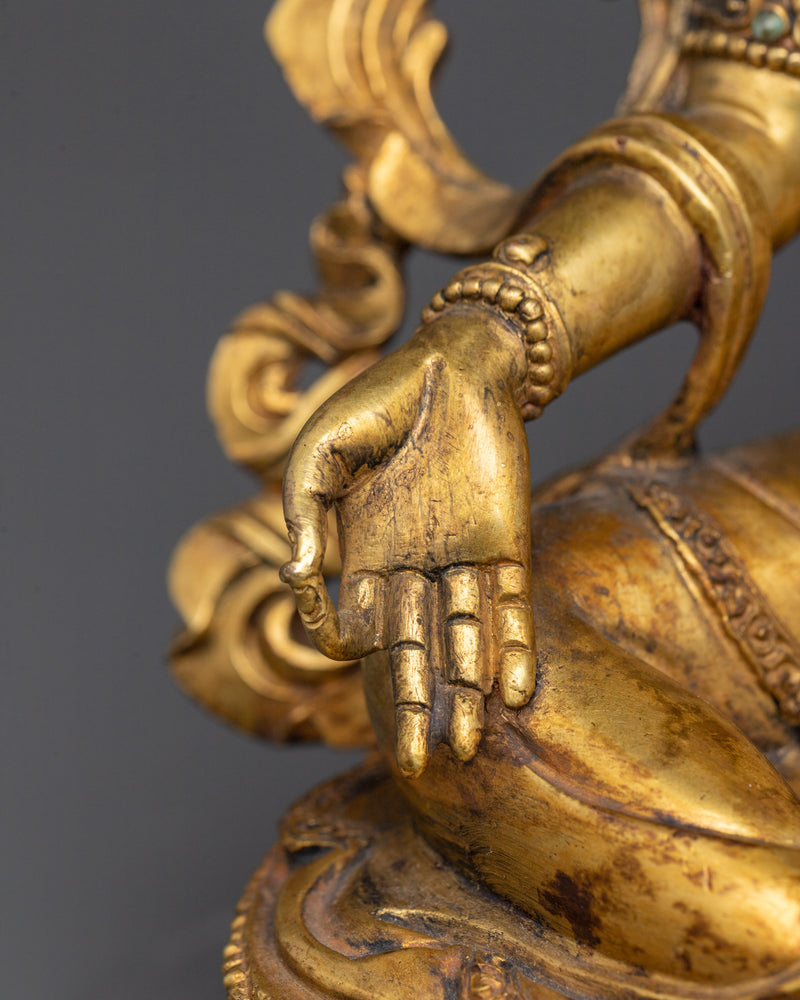 Sacred Green Tara Figurine | Antique Finished 24K Gold Gilded Copper Statue