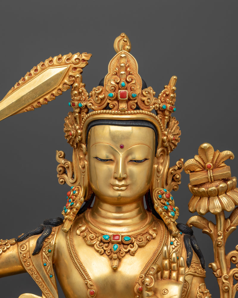 Sacred Manjushri Bodhisattva Statue | 24K Gold Gilded with Hand Carved Gemstones