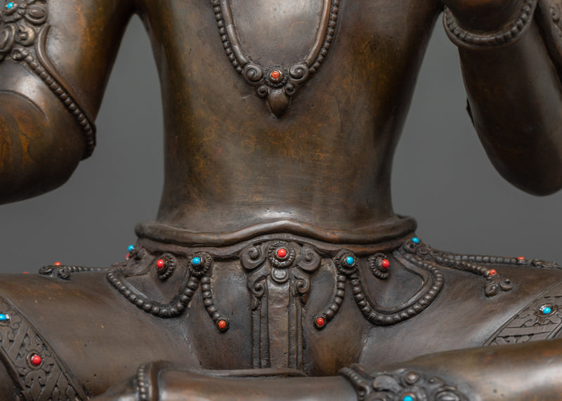 Sacred Green Tara Deity Statue | Hand-Carved Gemstone and Oxidized Copper Masterpiece