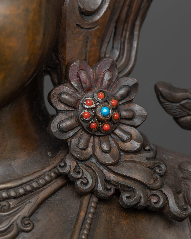 Sacred Green Tara Deity Statue | Hand-Carved Gemstone and Oxidized Copper Masterpiece