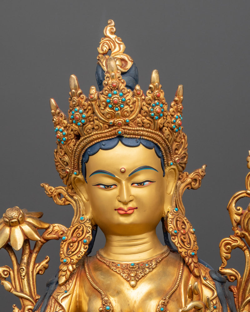 Spiritual Green Tara Figurine | 24K Gold Gilded Gemstone Copper Masterpiece