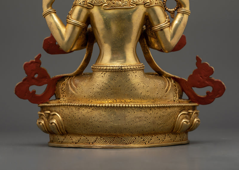 Sacred Chenrezig Buddha Figure | 24K Gold Gilded Gemstone Embellished Copper Masterpiece