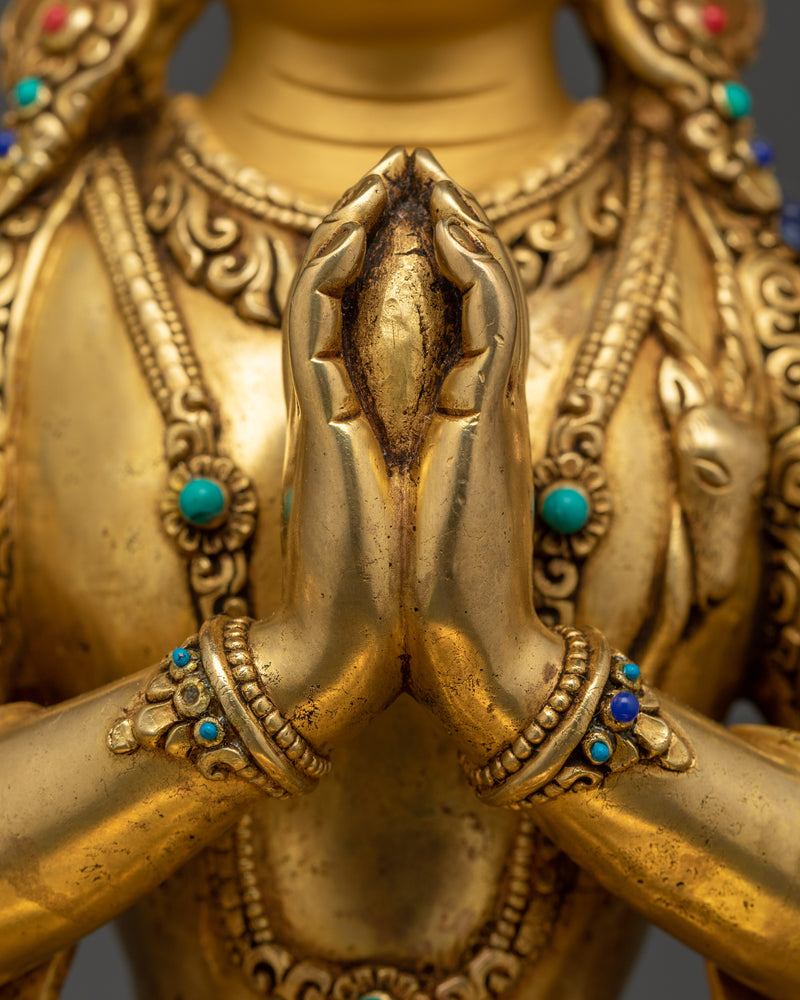 Sacred Chenrezig Buddha Figure | 24K Gold Gilded Gemstone Embellished Copper Masterpiece