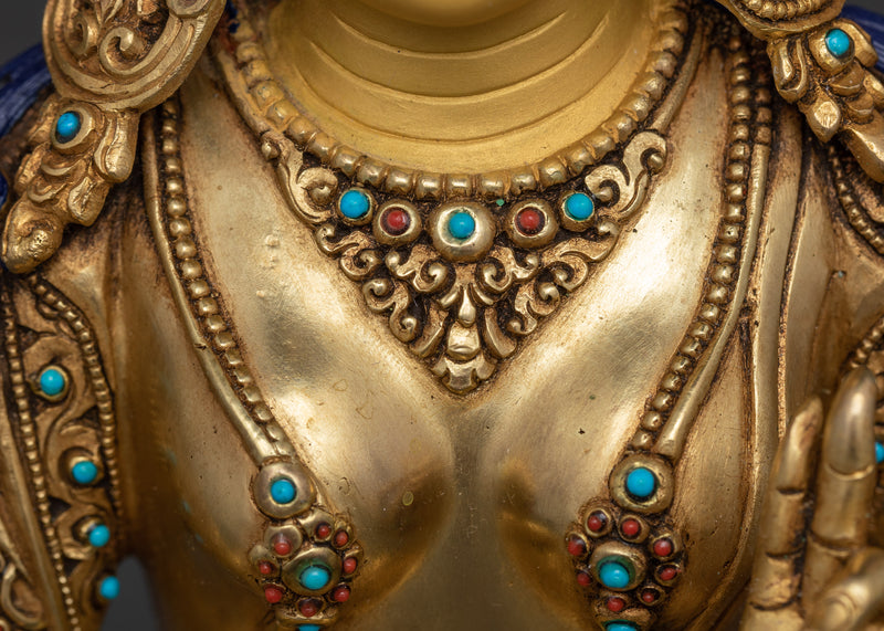 Green Tara for Altar | Handcrafted 24K Gold Gilded Copper Statue with Gemstones