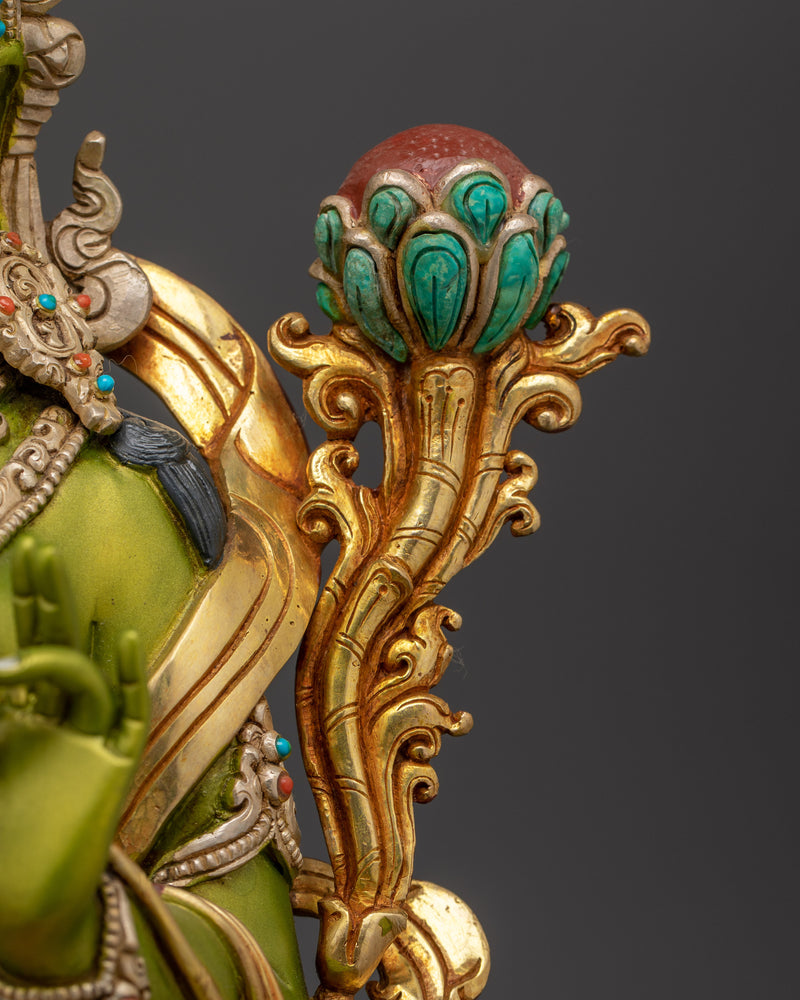 Green Tara for Shrine | 24K Gold Gilded Copper Statue with Gemstones