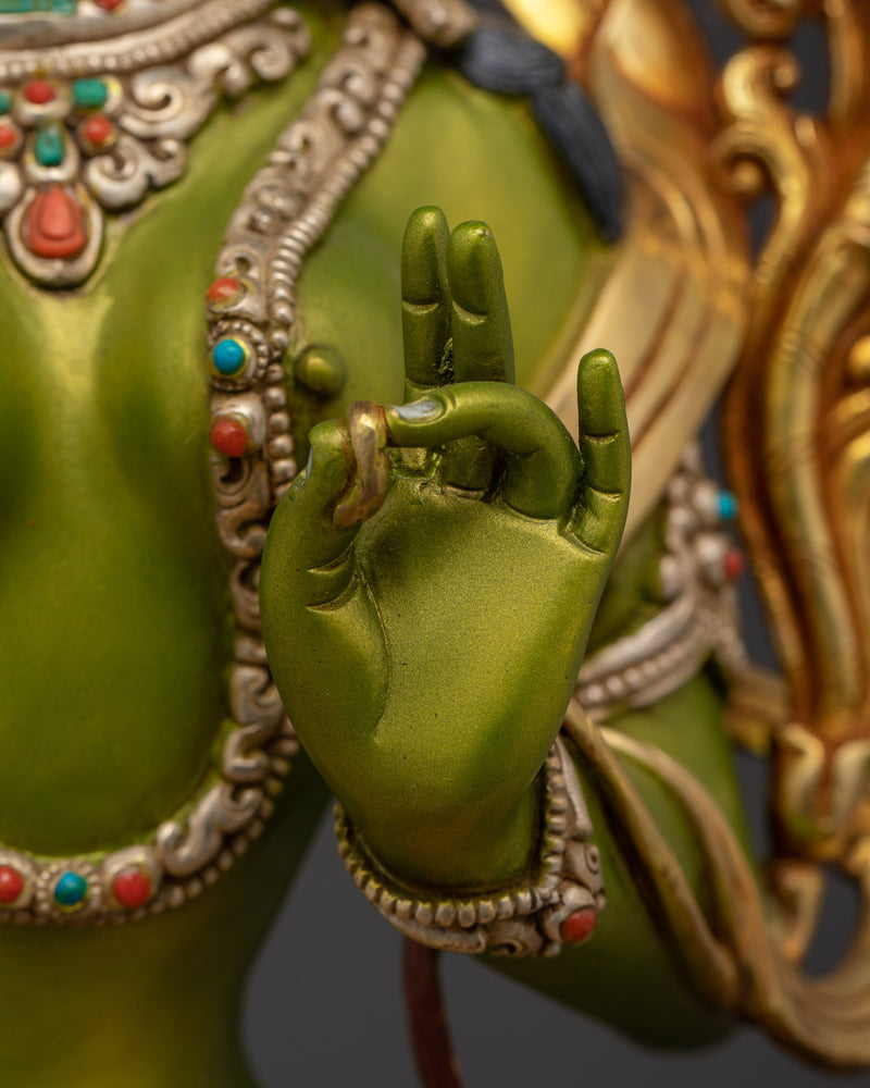 Green Tara for Shrine | 24K Gold Gilded Copper Statue with Gemstones