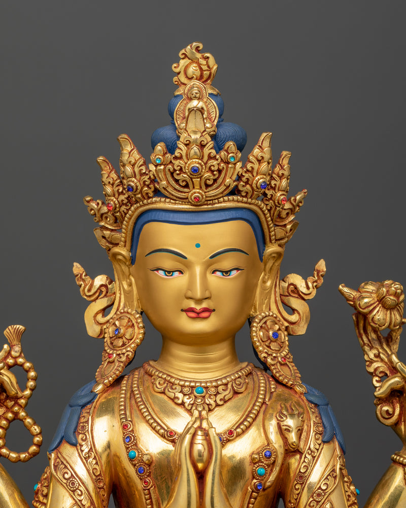 Avalokiteshvara Chenrezig Figurine | Gold-Gilded Compassion Deity | Tibetan Buddhist Art