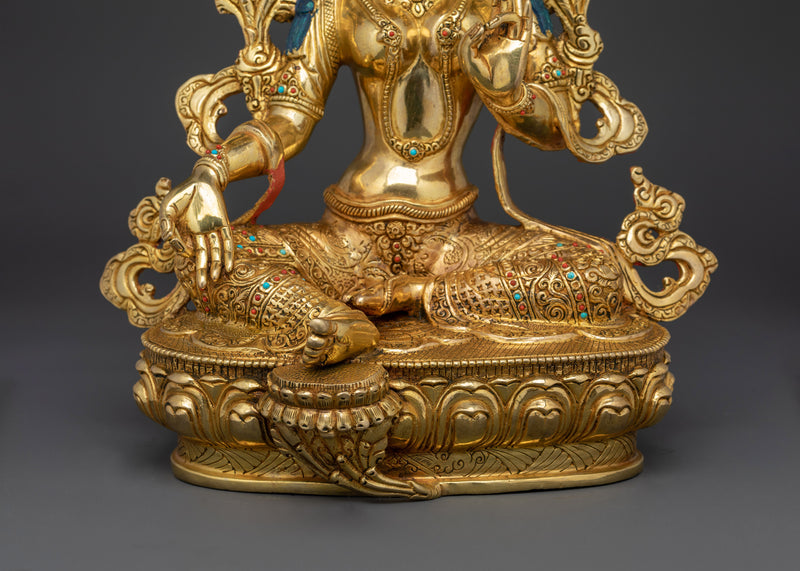 Tibetan Green Tara figurine | 24K Gold Gilded with small Gemston