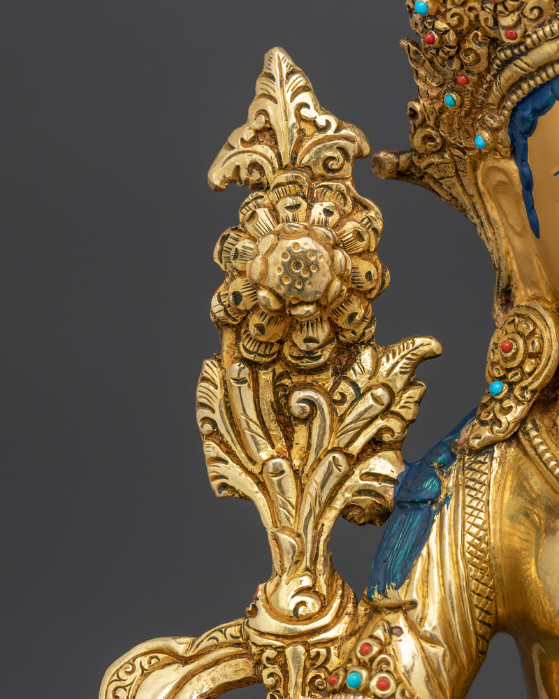 Tibetan Green Tara figurine | 24K Gold Gilded with small Gemston