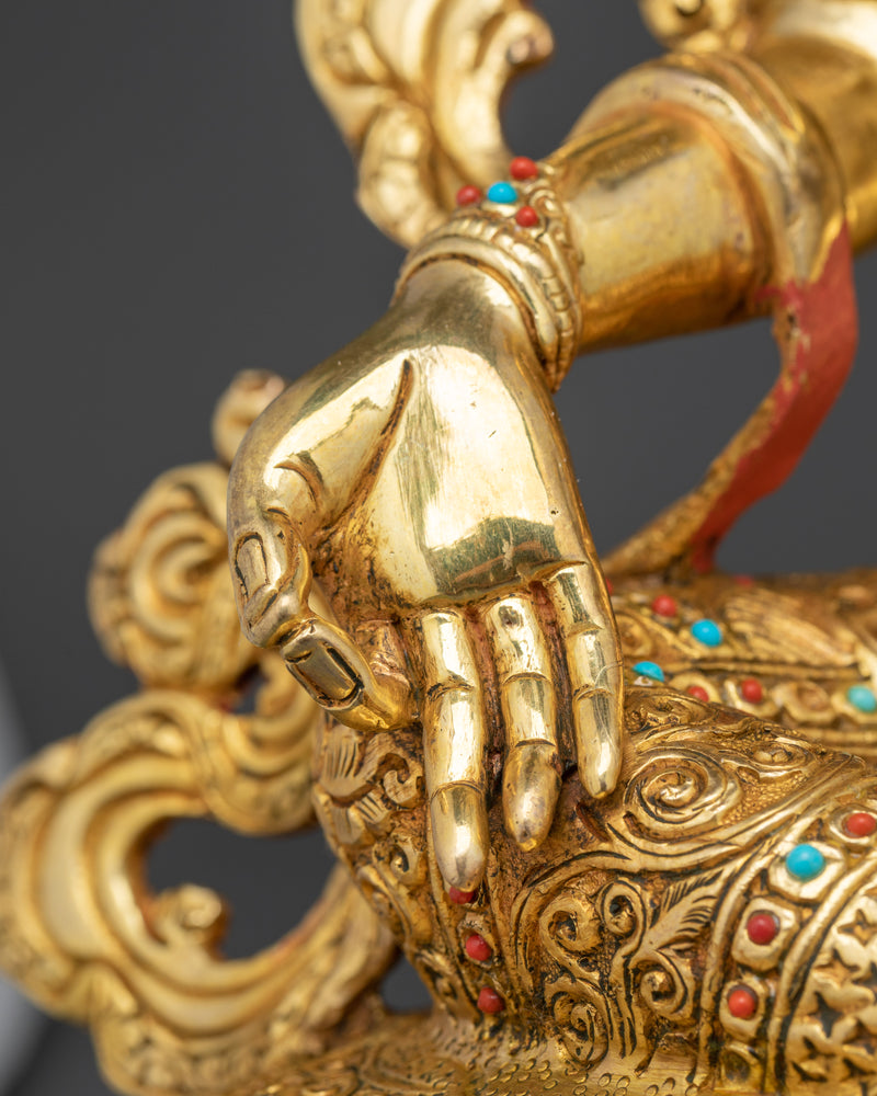 Tibetan Green Tara figurine | 24K Gold Gilded with small Gemston