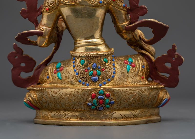 Sympathetic Green Tara Statue | Gold-Gilded Copper with Handcarved Gemstone