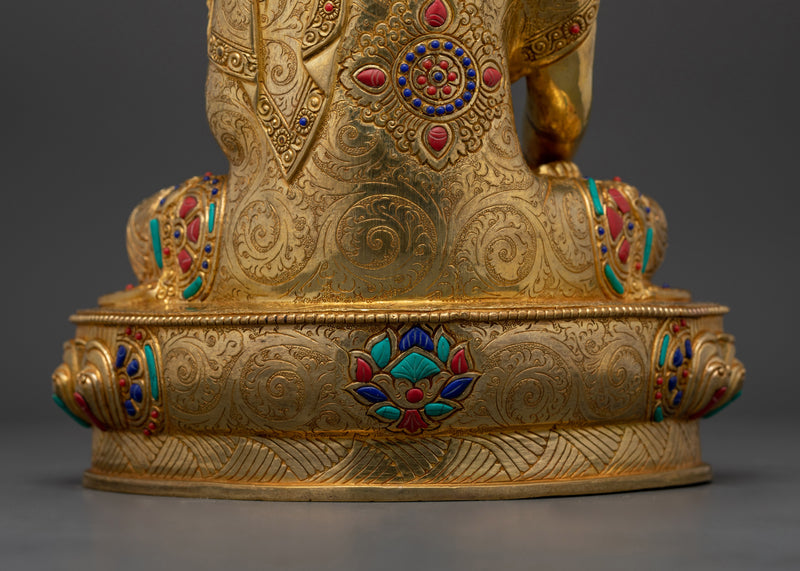 Buddha Shakyamuni for Shrine Adorned with Gemstone | 24K Gold-Gilded Copper Statue