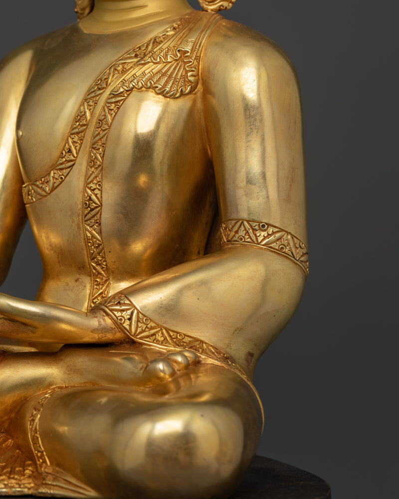 Tibetan Shakyamuni Buddha | 24K Gold Gilded Copper Statue with Wooden Base