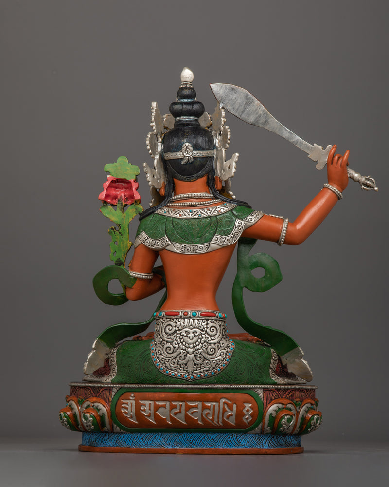 Hand-Carved Manjushri Prayer Tibetan Statue | Silver-Plated and Hand-Painted Sculpture