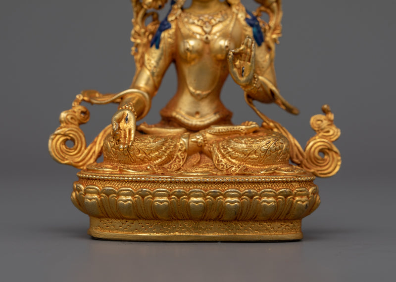 White Tara Dharma Statue | Miniature Gold Electroplated Tibetan Goddess Statue