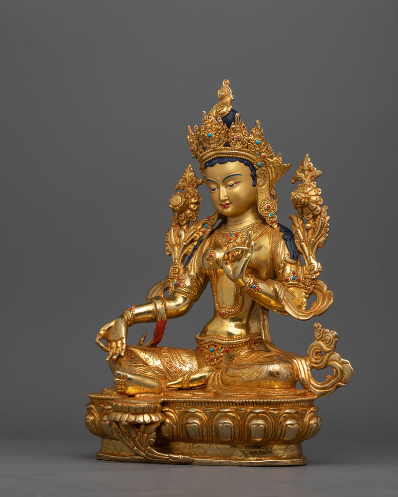 Tibetan Green Tara Buddha Statue | 24K Gold Gilded Artwork