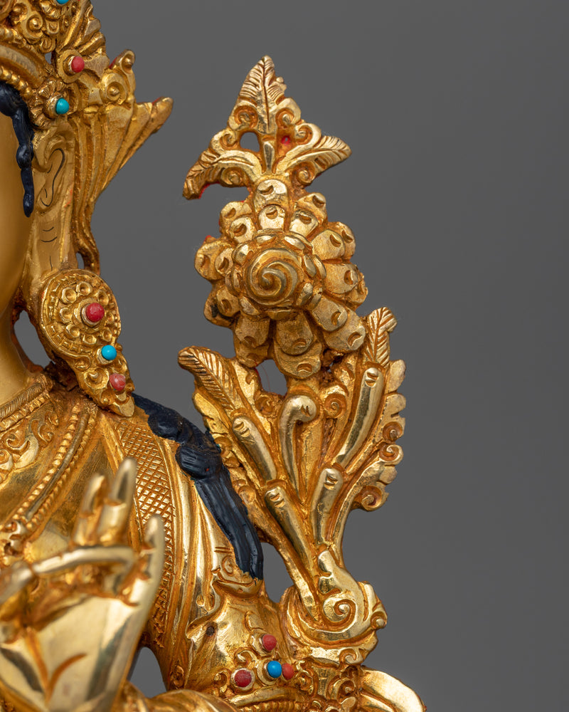 Tibetan Green Tara Buddha Statue | 24K Gold Gilded Artwork