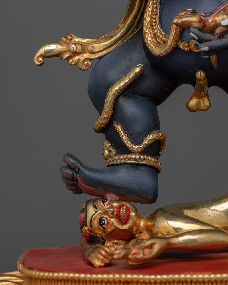 Hand-Carved Wrathful Black Dzambhala Statue | 24K Gold Gilded Tibetan Sculpture