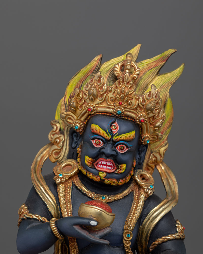 Hand-Carved Wrathful Black Dzambhala Statue | 24K Gold Gilded Tibetan Sculpture