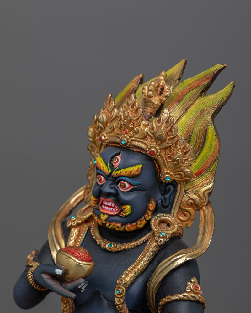 Hand-Carved Wrathful Black Dzambhala Statue | 24K Gold Gilded Tibetan Sculpture