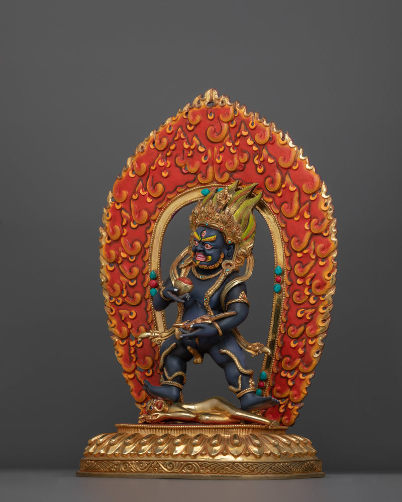 Hand-Carved Wrathful Black Dzambhala Statue | 24K Gold Gilded Tibetan Sculpture