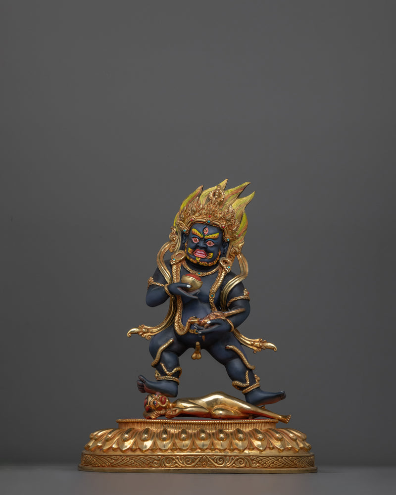 Hand-Carved Wrathful Black Dzambhala Statue | 24K Gold Gilded Tibetan Sculpture