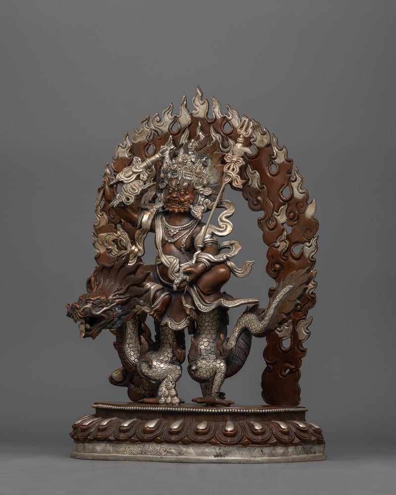 Hand-Carved White Dzambhala Seated on Dragon Statue | Prosperity Deity