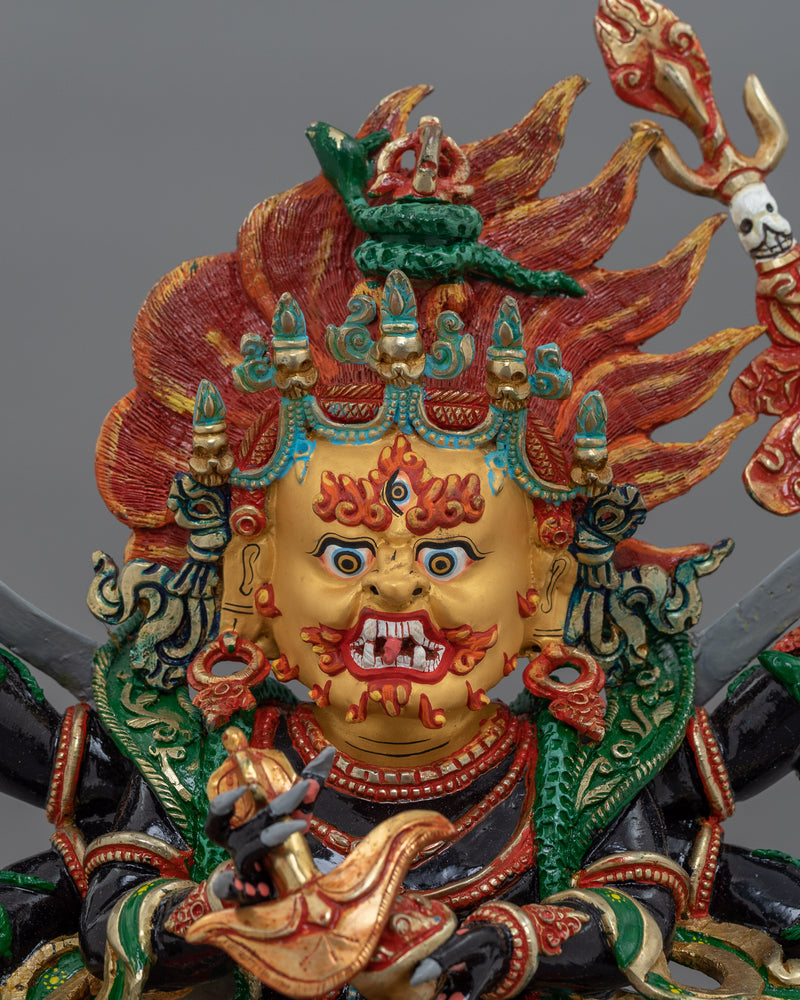 Traditionally Carved Six-Armed Mahakala Figure | Wrathful Protector Deity