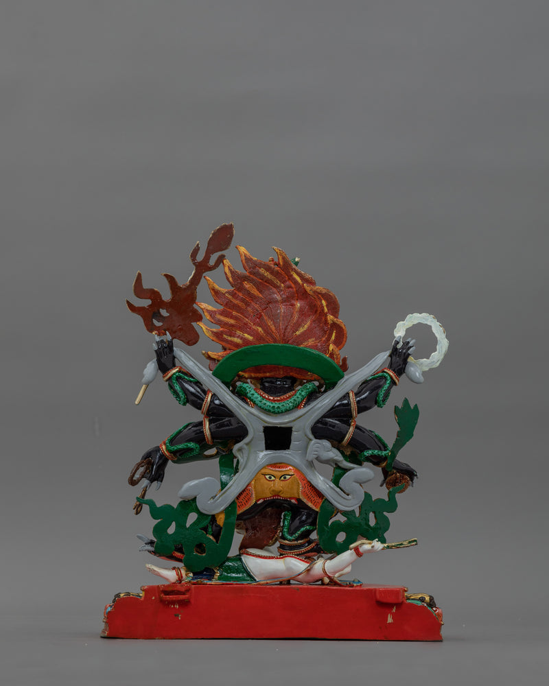 Traditionally Carved Six-Armed Mahakala Figure | Wrathful Protector Deity