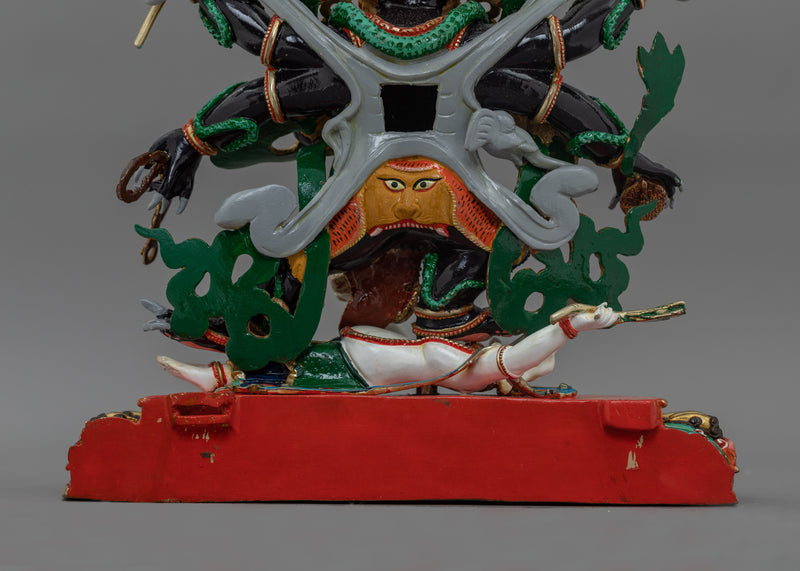 Traditionally Carved Six-Armed Mahakala Figure | Wrathful Protector Deity