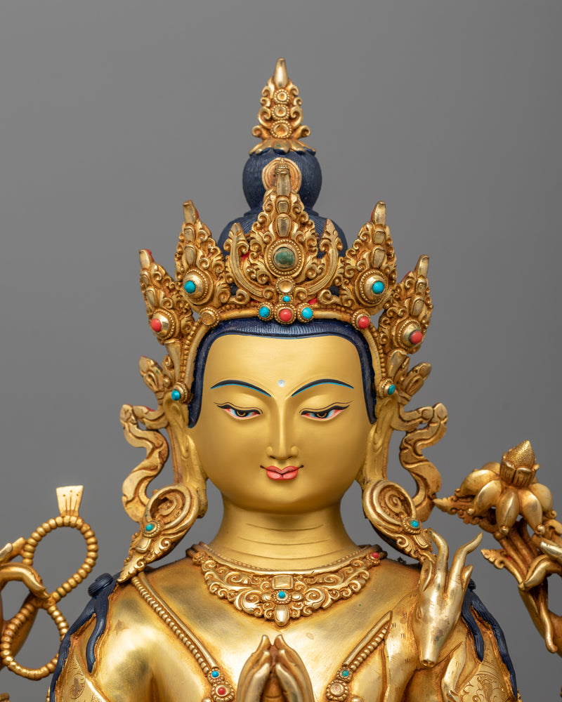 Handmade Tibetan Avalokiteshvara Chenrezig Statue | 24K Gold Gilded with Copper Body