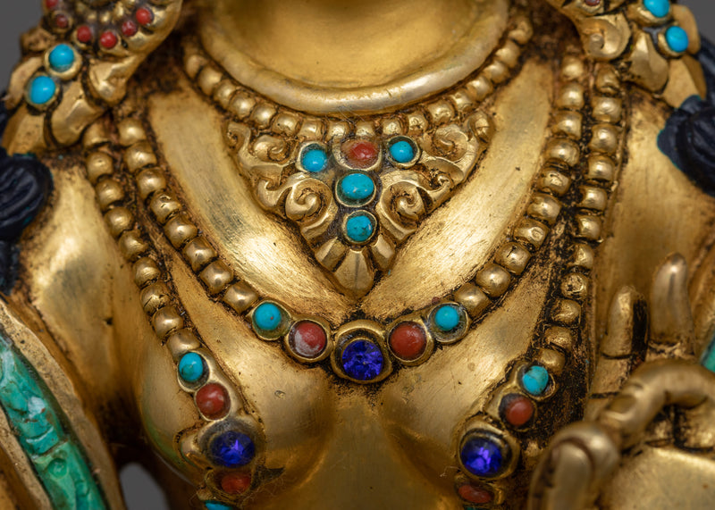 Ritualistic Green Tara Pure Land Statue | 24K Gold Gilded Tibetan Bodhisattva Sculpture