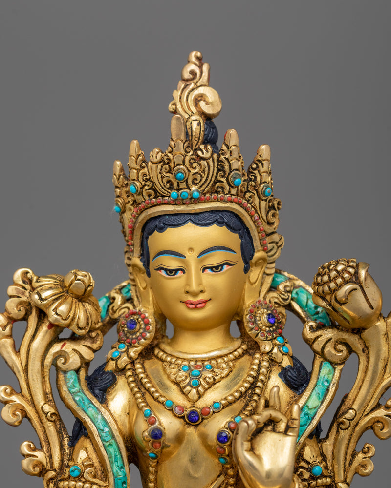 Ritualistic Green Tara Pure Land Statue | 24K Gold Gilded Tibetan Bodhisattva Sculpture