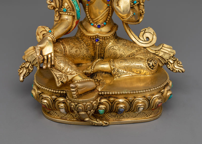 Ritualistic Green Tara Pure Land Statue | 24K Gold Gilded Tibetan Bodhisattva Sculpture